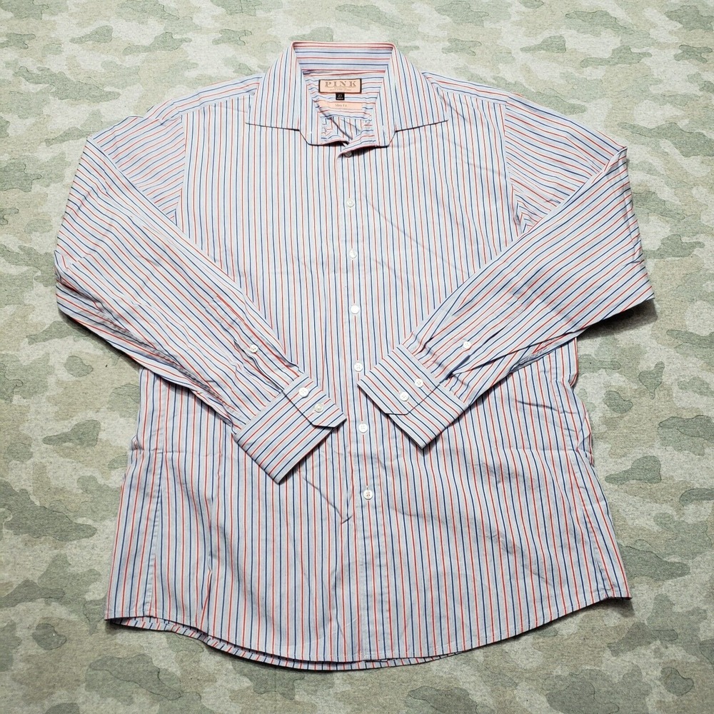 Thomas Pink Shirt Mens 16.5 Blue Stripe Slim Fit Long Sleeve Button-Up